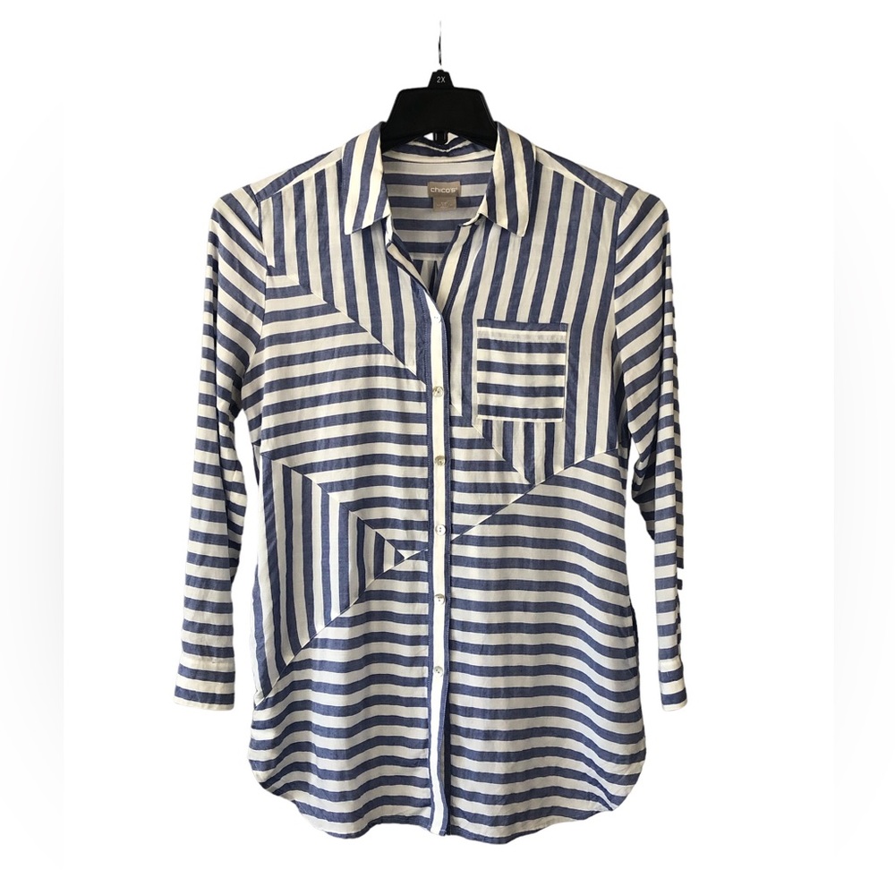 Women's Chico's Blue/White Stripe Patchwork Buttoned Shirt W/ Pockets. Size 0P